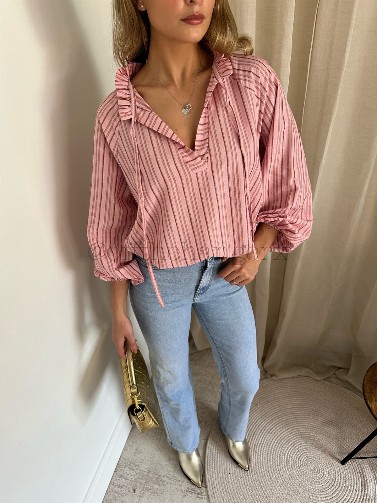SHELLY LUREX TRIM STRIPED BLOUSE
