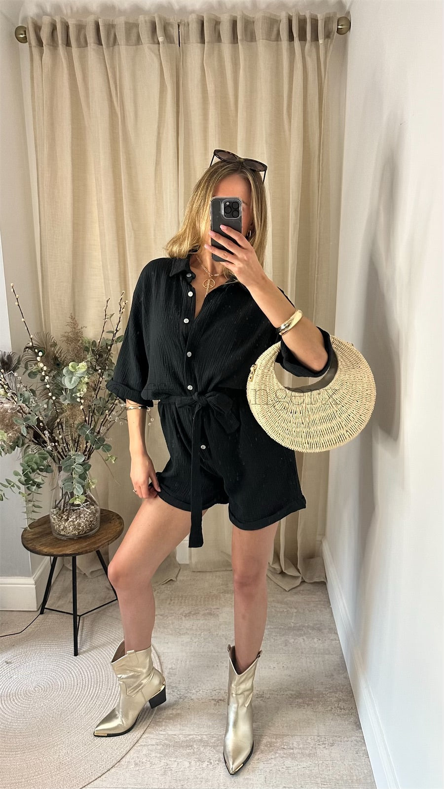 LESTER CHEESECLOTH BELTED ROMPER
