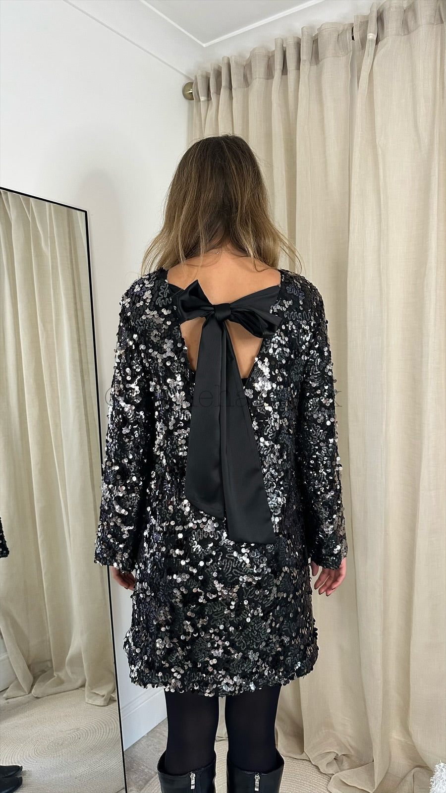 CONNIE SEQUIN SATIN BOW BACK DRESS