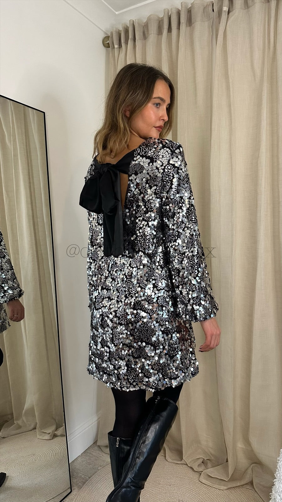 CONNIE SEQUIN SATIN BOW BACK DRESS