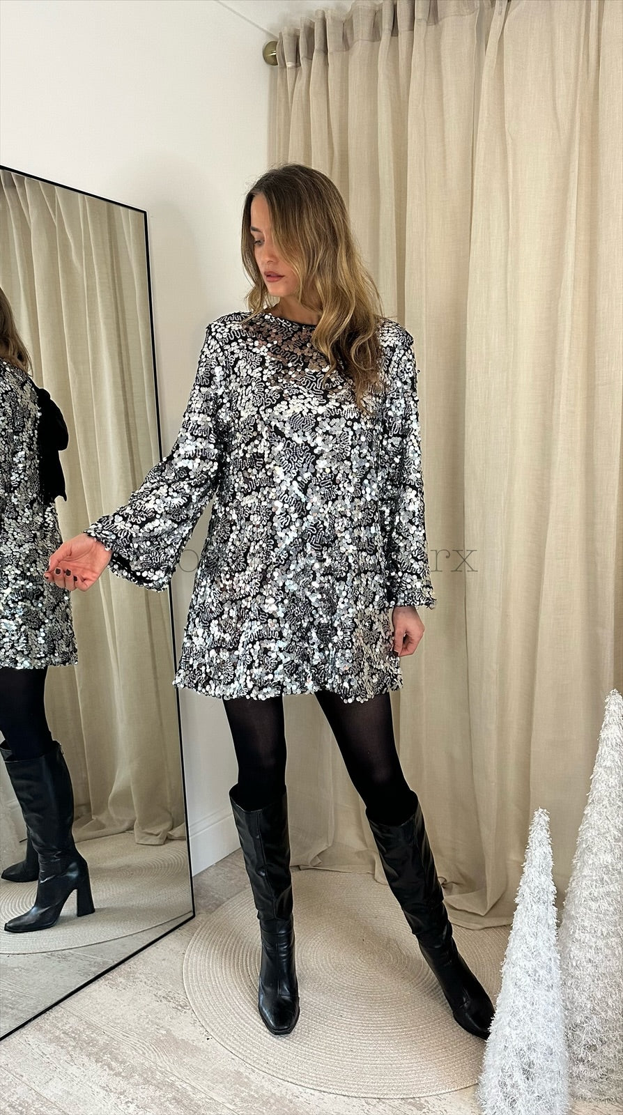 CONNIE SEQUIN SATIN BOW BACK DRESS