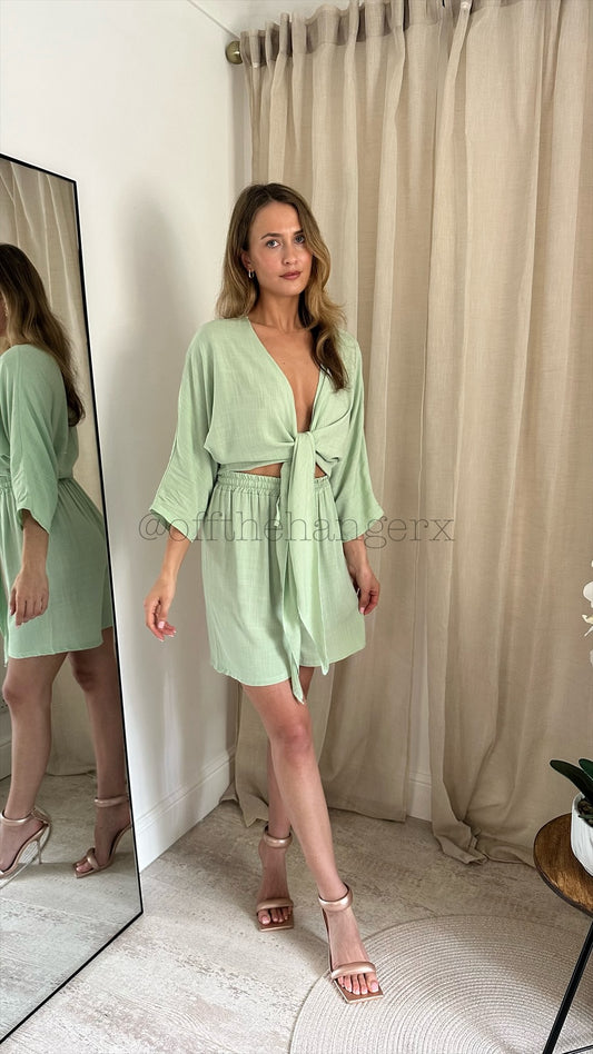 GRECIA LINEN TIE SHORT SET