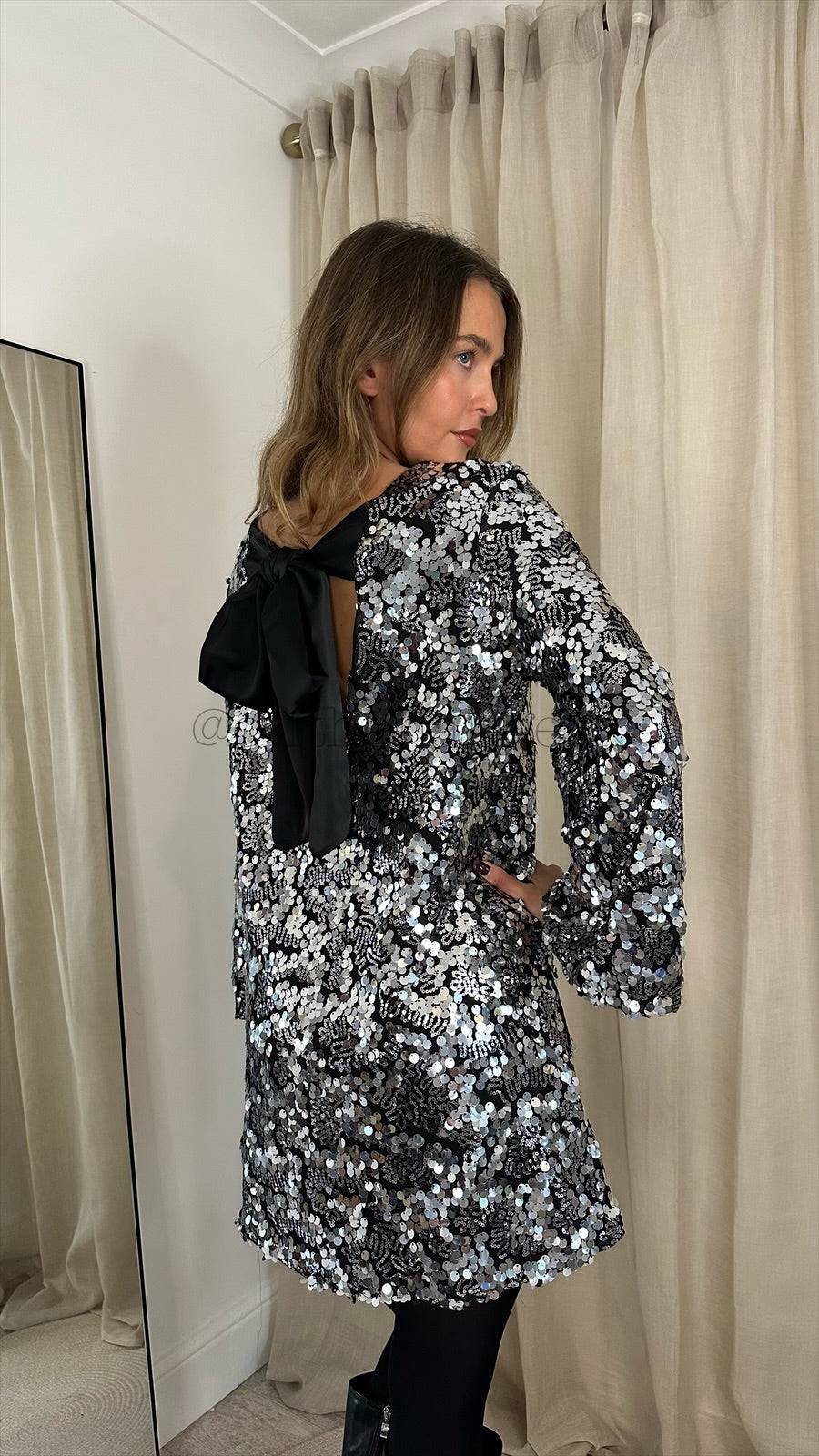 CONNIE SEQUIN SATIN BOW BACK DRESS